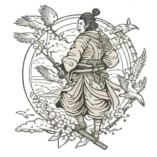 Samurai Warrior With Ravens Flying And Sakura Tree