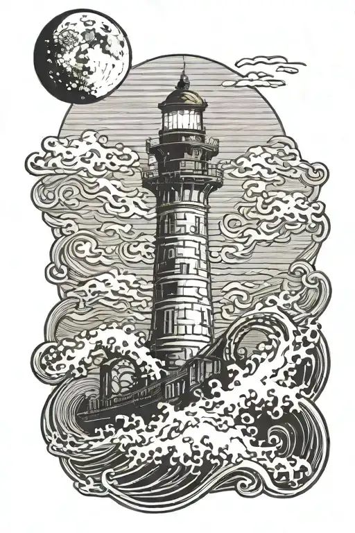 Large Waves Crashing Over Lighthouse With Octopus Arms And A Moon In The Background