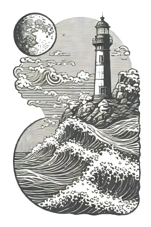 Large Waves Crashing Over Lighthouse With Half-dome In And A Moon In The Background