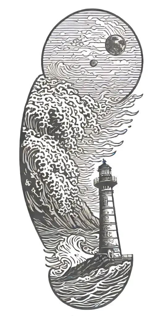 Large Waves Crashing Over Lighthouse With Half-dome In And A Moon In The Background