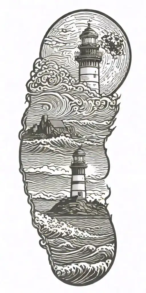 Large Waves Crashing Over Lighthouse With Half-dome In And A Moon In The Background