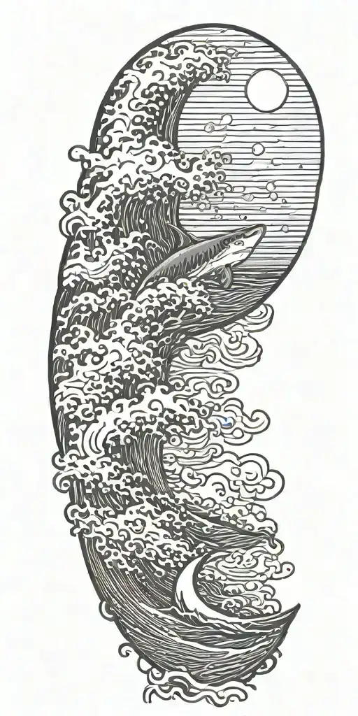 Large Waves Crashing Over Clouds At Night With A Crescent Moon And A Great White Shark In The Waves