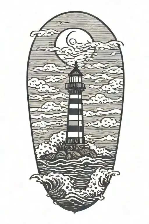 Waves Crashing On A Lighthouse At Night With A Crescent Moon And Palm Trees