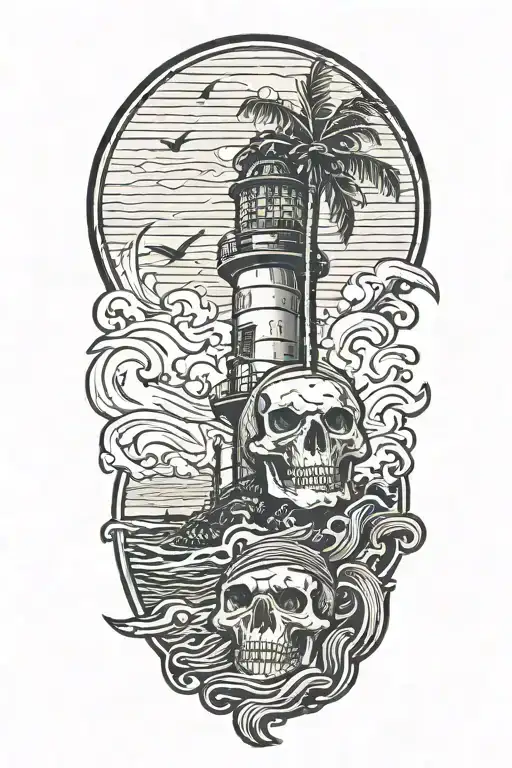Skull With Lighthouse With Waves Crashing With Palm Tree
