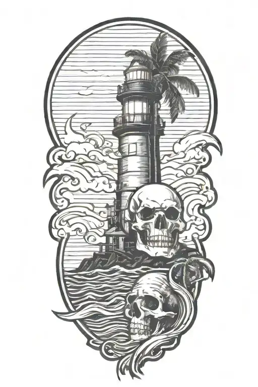 Skull With Lighthouse With Waves Crashing With Palm Tree
