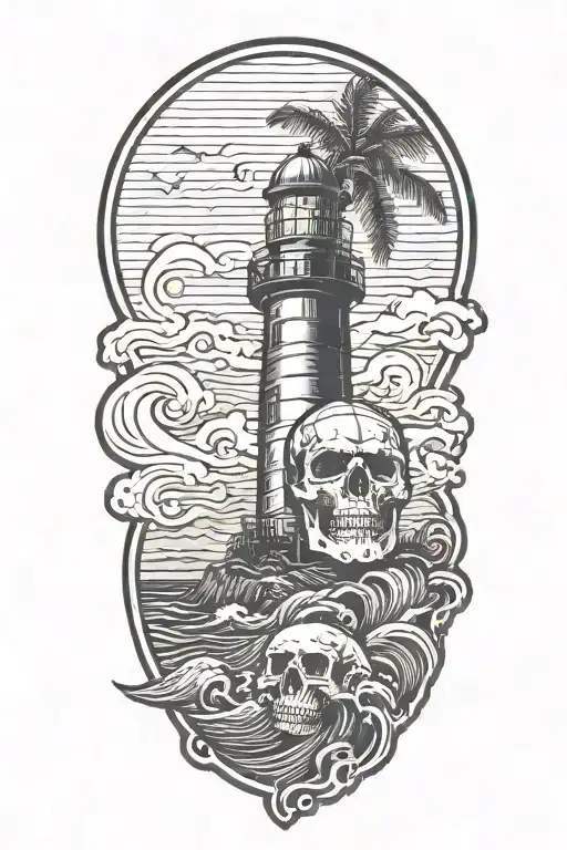 Skull With Lighthouse With Waves Crashing With Palm Tree