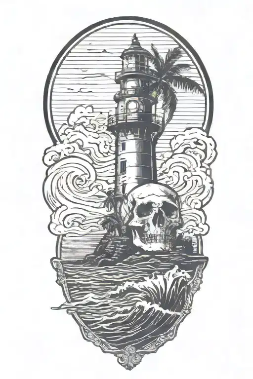 Skull With Lighthouse With Waves Crashing With Palm Tree