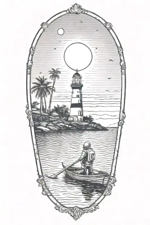 Astronaut In A Rowboat Under A Lighthouse At Night With A Crescent Moon And Palm Trees