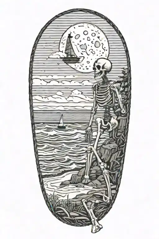 Skeleton On The Beach Drinking A Beer Under A Lighthouse Looking At The Crescent Moon