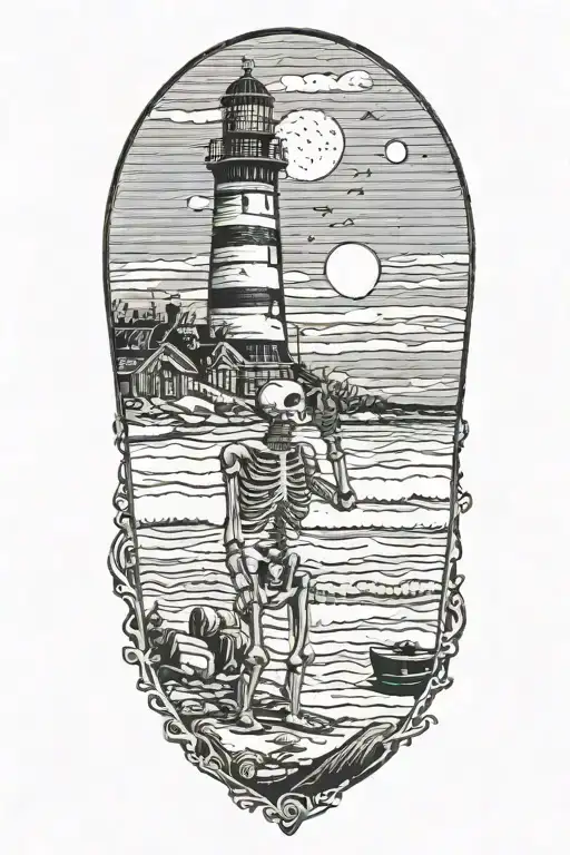 Skeleton On The Beach Drinking A Beer Under A Lighthouse Looking At The Crescent Moon
