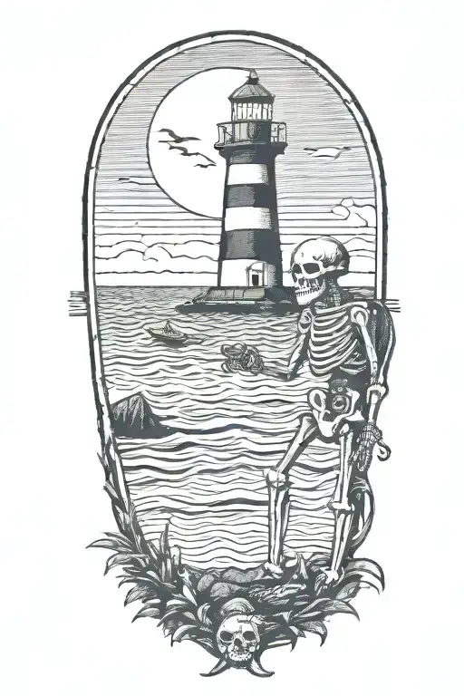 Skeleton On The Beach Drinking A Beer Under A Lighthouse Looking At The Crescent Moon