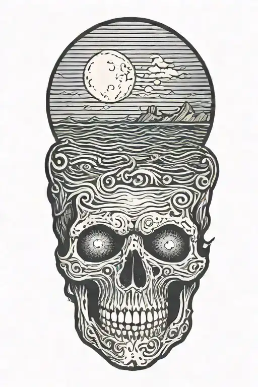 Full Moon With Skull Eyes In It Over The Ocean