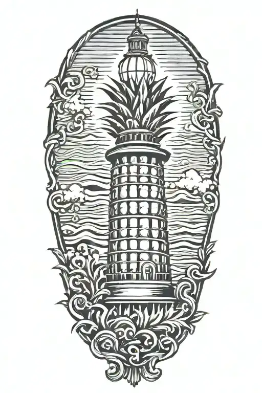 Pineapple Surrounded By Lighthouse And Waves