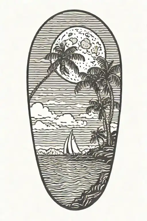 Moon Setting Over The Ocean With Palm Trees Dark In The Foreground