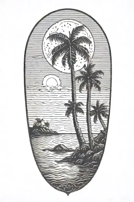 Moon Setting Over The Ocean With Palm Trees Dark In The Foreground