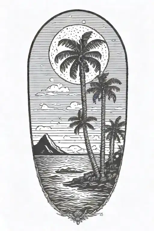 Moon Setting Over The Ocean With Palm Trees Dark In The Foreground