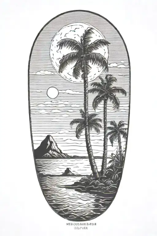 Moon Setting Over The Ocean With Palm Trees Dark In The Foreground