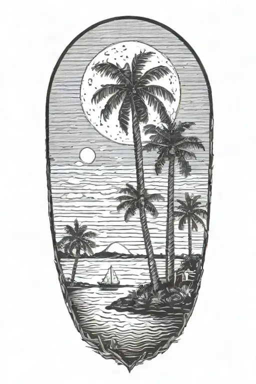 Moon Setting Over The Ocean With Palm Trees Dark In The Foreground