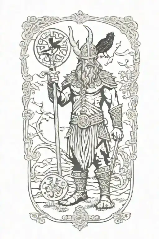 Viking Infront Of Yggdrasil Woth Nordic Symbols And Two Crows Tattoo