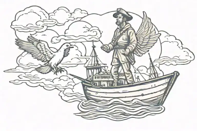 Cristian With Dove And Clouds With A Portuguese Navy Boat In The Backround