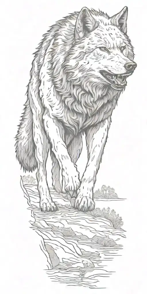 Direwolf Walking Alone From Its Pack In A Forest Near A Stream