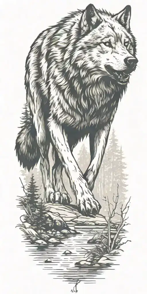 Direwolf Walking Alone From Its Pack In A Forest Near A Stream