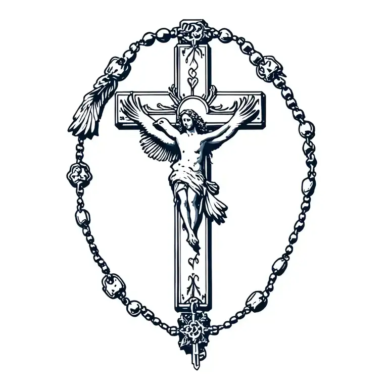 Cross And Rosary With Dove Flying In Background