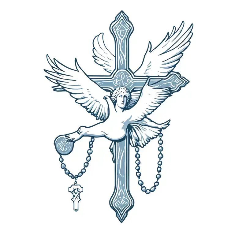 Cross And Rosary With Dove Flying In Background