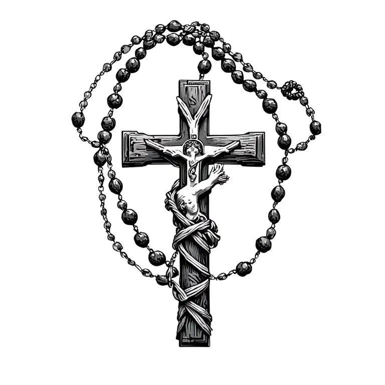 Cross With Rosary Wrapped Tightly