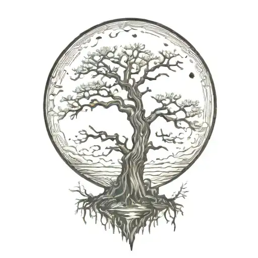 Moonrise Behind Silhouette Of A Gnarly Old Tree