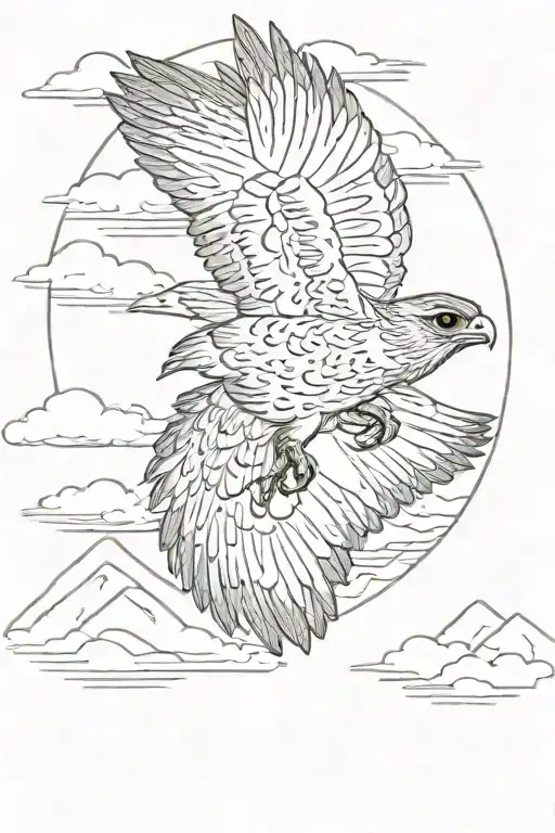 Flying Little Falcon Against The Background Of Snowy Mountains And Clouds