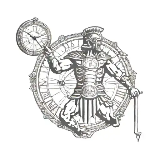 Gladiator With Background Of Clock And Scales