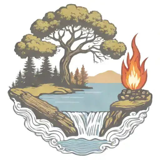 A Rowan Berry Tree And A Campfire Beside A River Waterfalling Down The Front