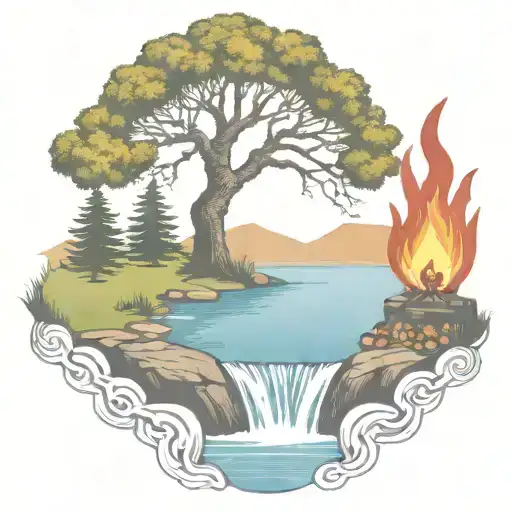 A Rowan Berry Tree And A Campfire Beside A River Waterfalling Down The Front