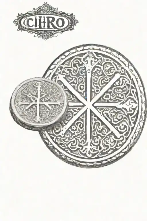 Chi Rho Realism Coin With Filigree And Cursive Text In The Background
