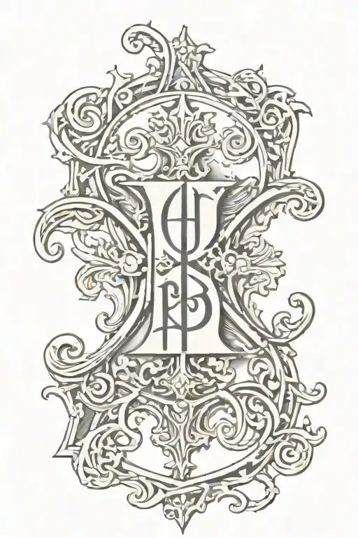 Chi Rho With Filigree And Cursive Text In The Background