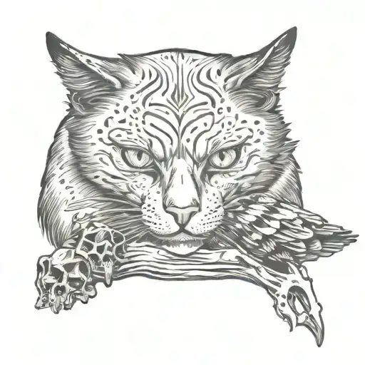 Cat Playing With Raven Skull