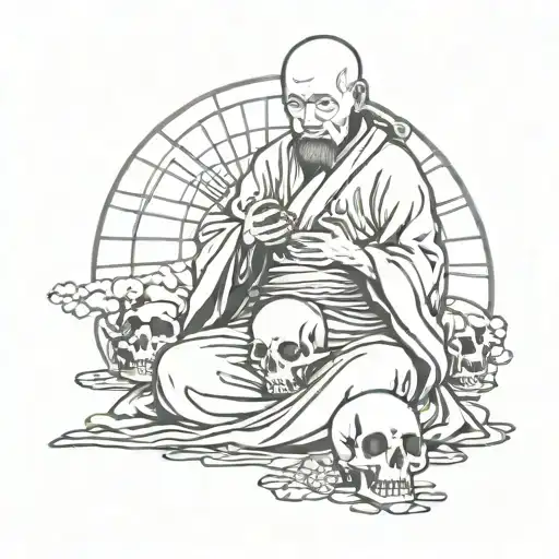 Ancient Japanese Monk With Skull In Hand
