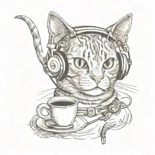 A Exotic Short Hair Cat Wearing Headphones With Coffee