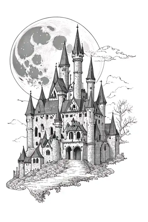 Gothic Castle With Moon In Background