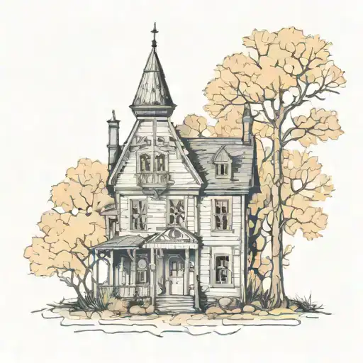 An Abandoned Gothic Style House In The Middle Of The Forest With Autumn Colors On The Trees