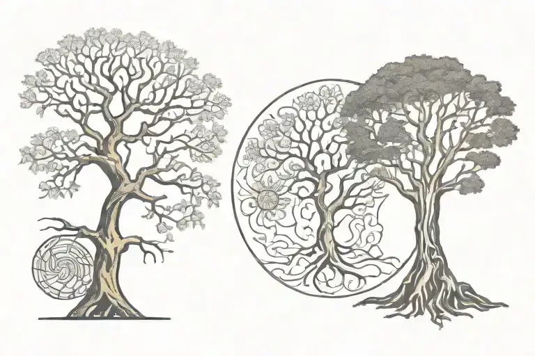 Tree And Two Opposite Symbols Symbolizing Dreaminess