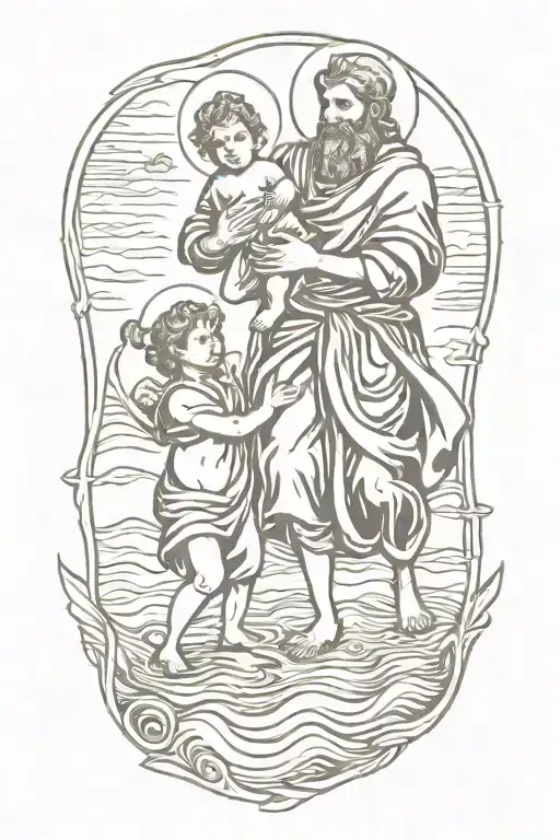 St Christopher Holding Baby Jesus And Walking Across Water