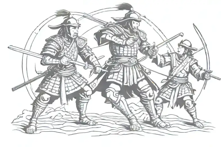 Samurai Spartan Protecting Boy And Girl