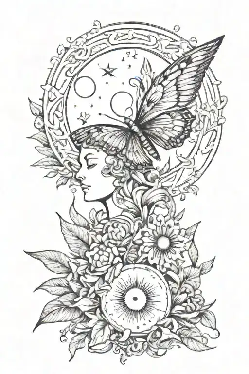 Sun And Moon With Butterfly Wings And Flowers Growing