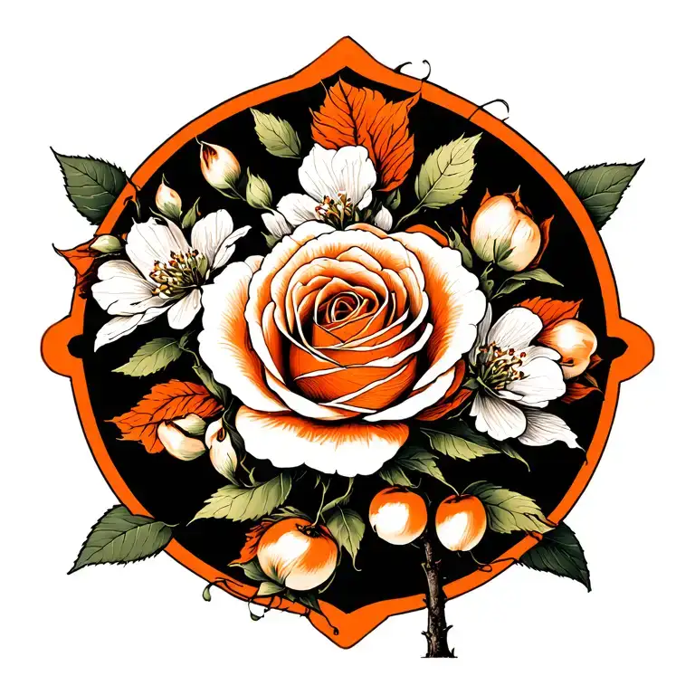 Orange Rose With White Plum Blossom Ikebana