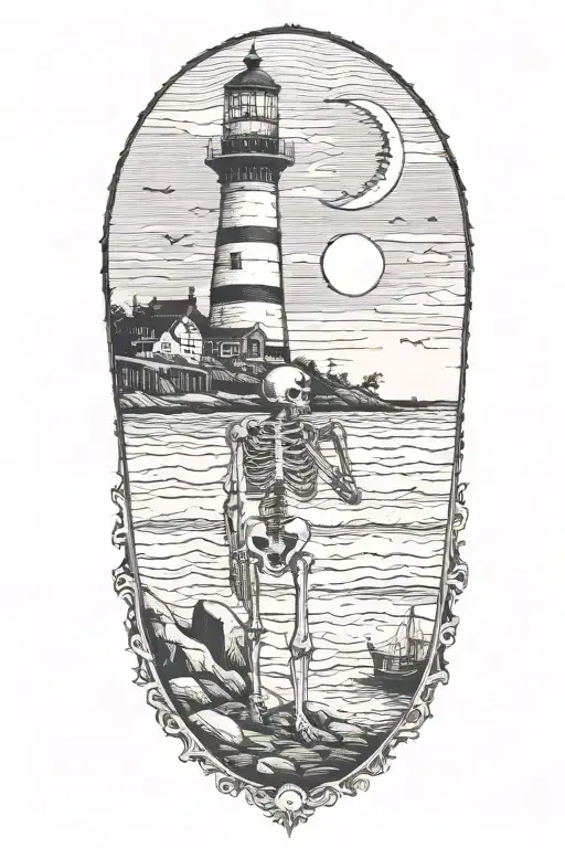 Skeleton On The Beach Drinking A Beer Under A Lighthouse Looking At The Crescent Moon