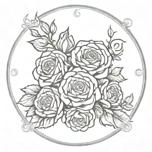 Circle Ring Of Several Small Roses Around A Center Flourish Design