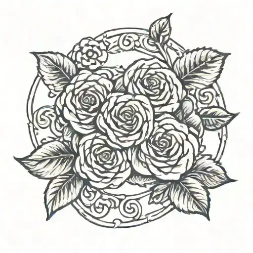 Circle Ring Of Several Small Roses Around A Center Flourish Design