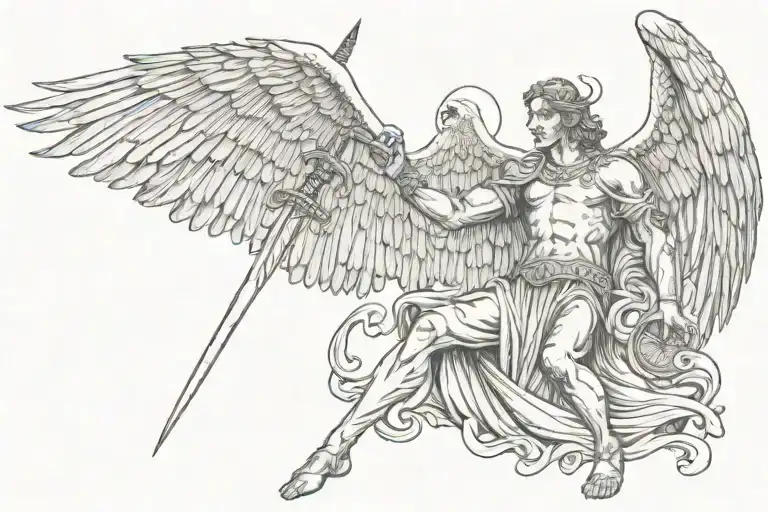 Angel Of Death With Large Crow Wings Holding A Sword In Portrait Stance